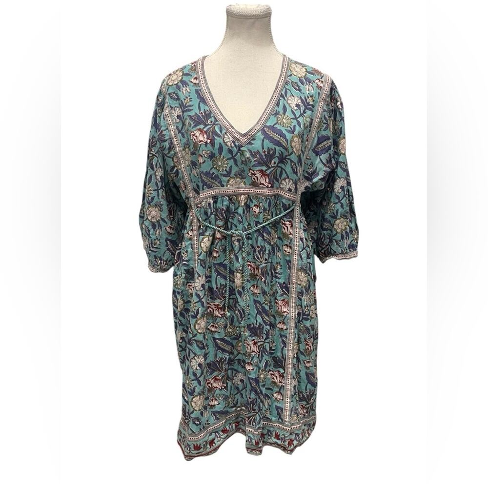Khadiwallah Boho chic Anokhi Pale Citron Floriana Floral Hand block print dress